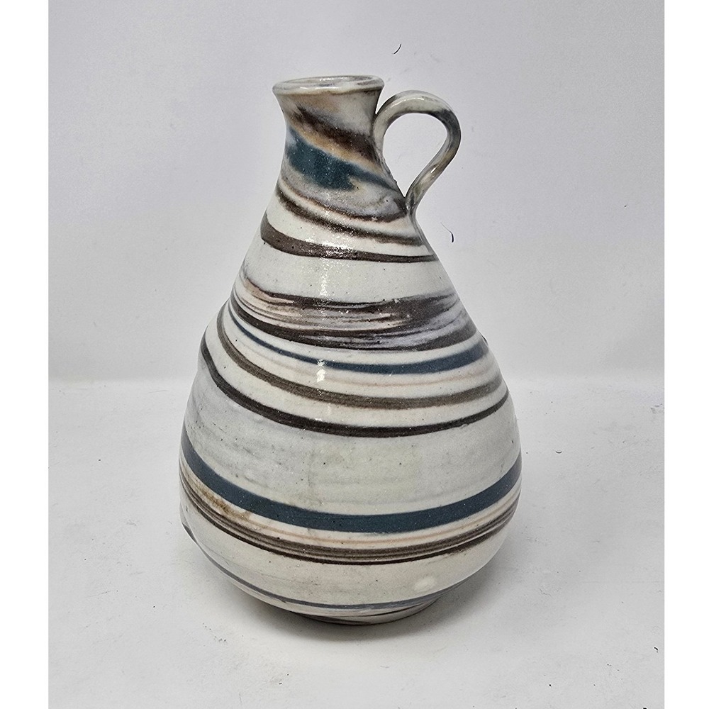 Vtg‎ handmade studio pottery striped ceramic jug vase earth tones pitcher